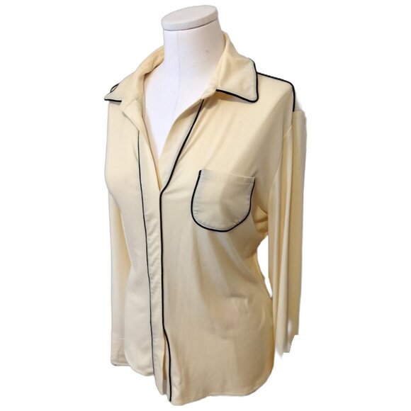 Vintage Pastel Yellow Colour Block Blouse Contrast Retro Long Sleeve Office 14 - Picture 2 of 11